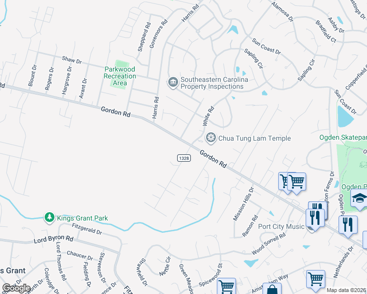 map of restaurants, bars, coffee shops, grocery stores, and more near 6102 Gordon Road in Wilmington