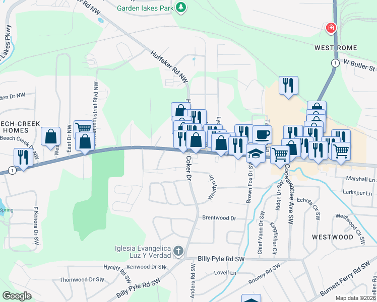 map of restaurants, bars, coffee shops, grocery stores, and more near 2500 Shorter Avenue in Rome
