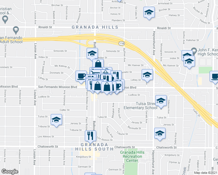 map of restaurants, bars, coffee shops, grocery stores, and more near San Fernando Mission Boulevard in Los Angeles