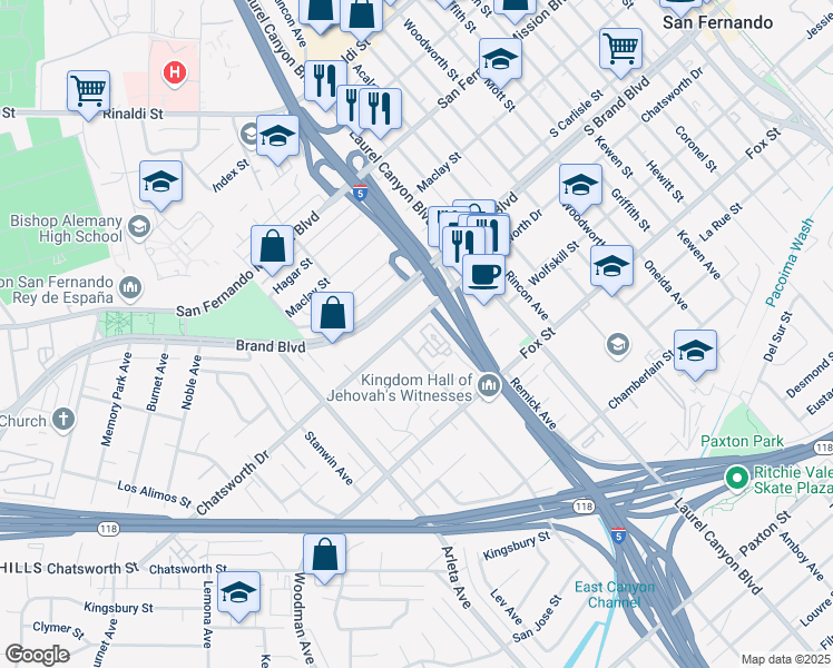 map of restaurants, bars, coffee shops, grocery stores, and more near 14606 Chatsworth Dr in Los Angeles
