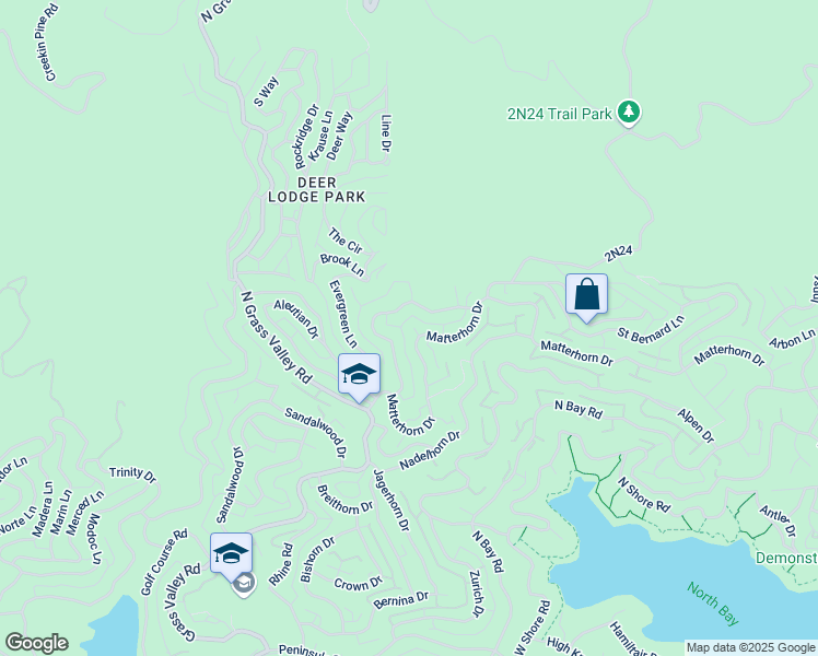 map of restaurants, bars, coffee shops, grocery stores, and more near 27384 Matterhorn Drive in Lake Arrowhead