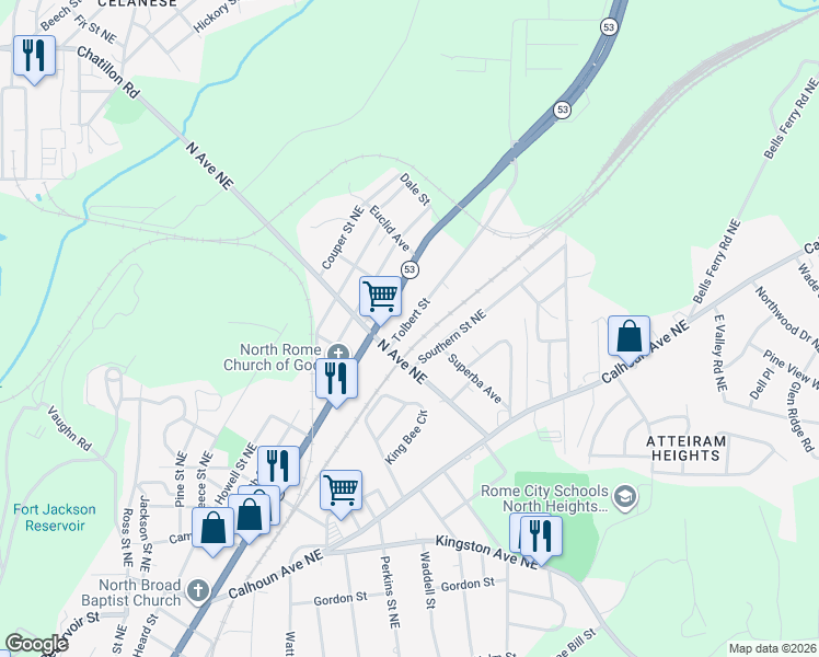 map of restaurants, bars, coffee shops, grocery stores, and more near 210 Tolbert Street in Rome