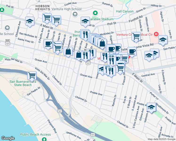 map of restaurants, bars, coffee shops, grocery stores, and more near 332 Arcade Drive in Ventura