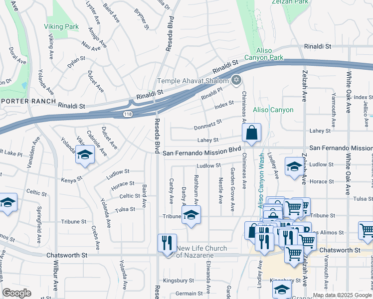 map of restaurants, bars, coffee shops, grocery stores, and more near 18351 San Fernando Mission Boulevard in Los Angeles