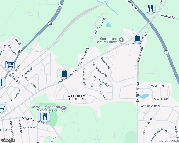 map of restaurants, bars, coffee shops, grocery stores, and more near 101 Hillcrest Avenue in Rome