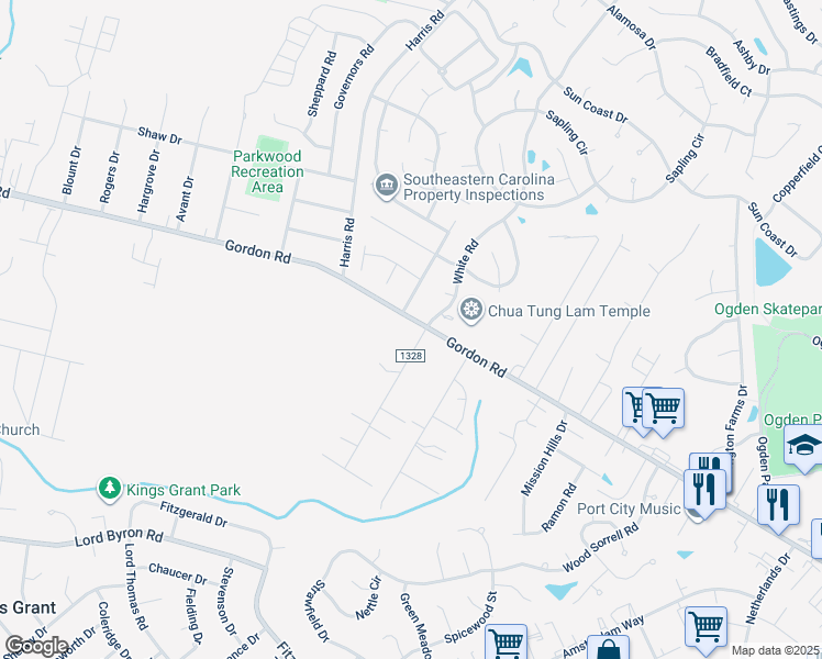 map of restaurants, bars, coffee shops, grocery stores, and more near 6110 Gordon Road in Wilmington