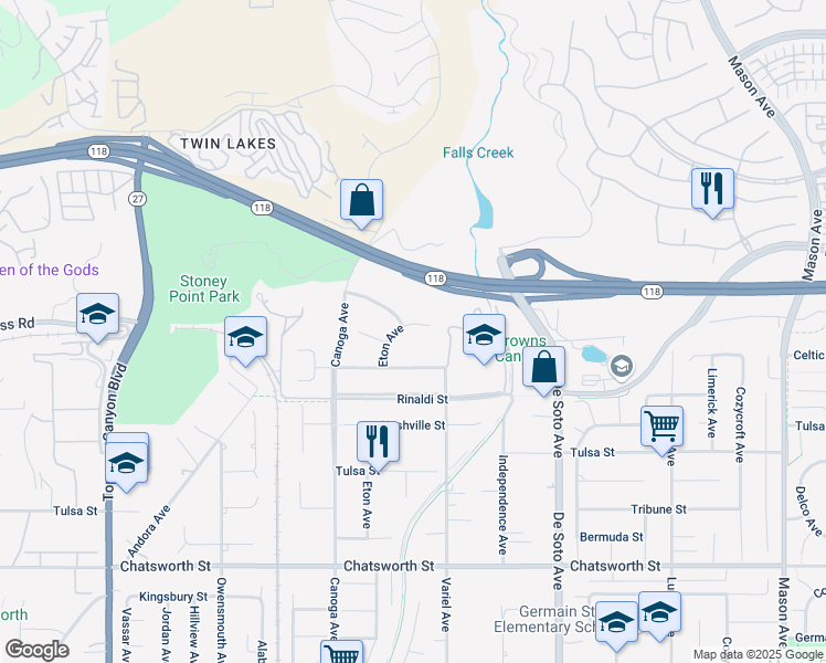 map of restaurants, bars, coffee shops, grocery stores, and more near 11100 Eton Avenue in Los Angeles