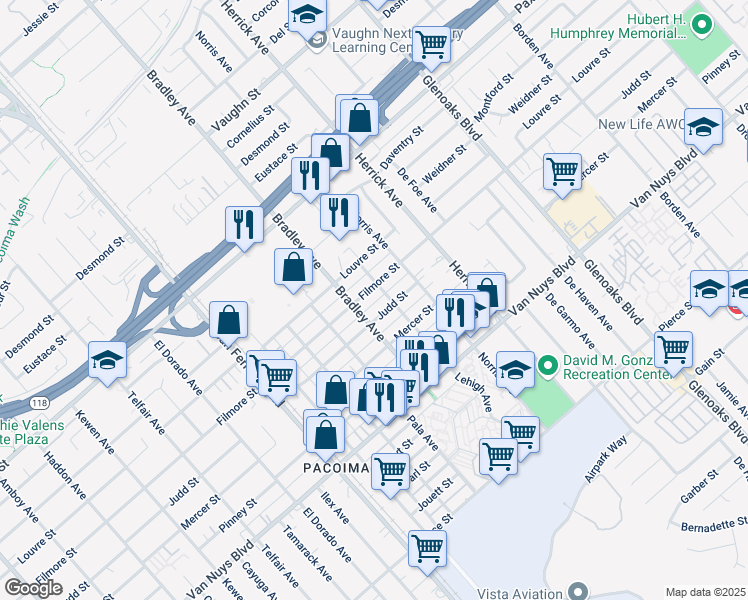 map of restaurants, bars, coffee shops, grocery stores, and more near 13208 Filmore Street in Los Angeles