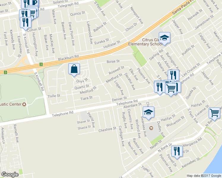 map of restaurants, bars, coffee shops, grocery stores, and more near 881 Medford Place in Ventura