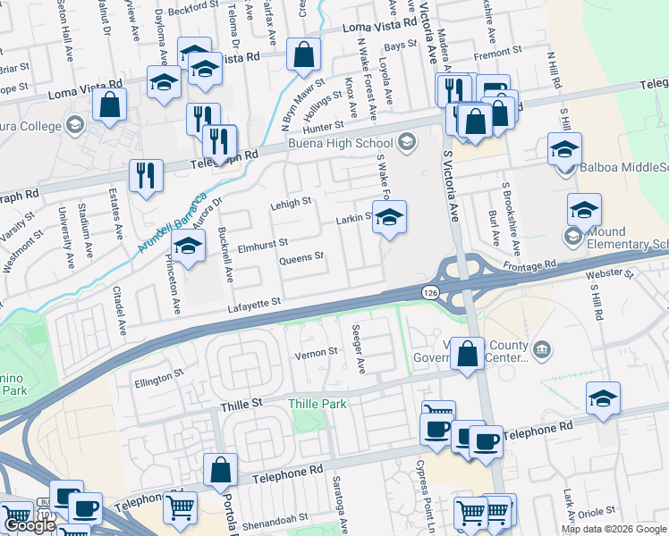 map of restaurants, bars, coffee shops, grocery stores, and more near 376 Paine Avenue in Ventura