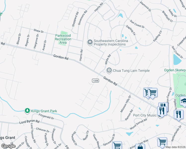 map of restaurants, bars, coffee shops, grocery stores, and more near 6102 Gordon Road in Wilmington