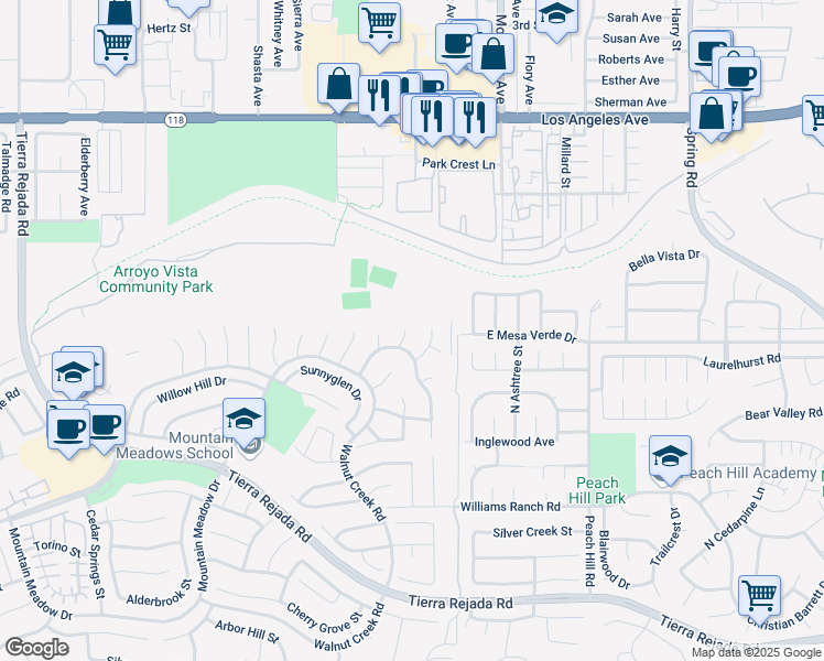 map of restaurants, bars, coffee shops, grocery stores, and more near 4488 Vistameadow Court in Moorpark