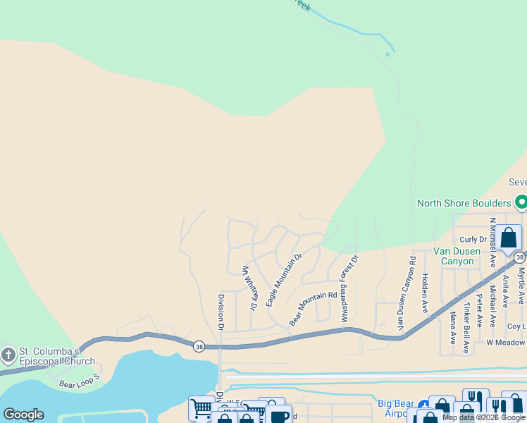 map of restaurants, bars, coffee shops, grocery stores, and more near 1150 Mount Shasta Road in Big Bear