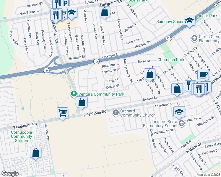 map of restaurants, bars, coffee shops, grocery stores, and more near 8174 Quartz Street in Ventura