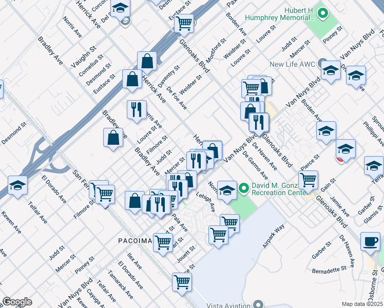map of restaurants, bars, coffee shops, grocery stores, and more near 11090 Norris Ave in Los Angeles
