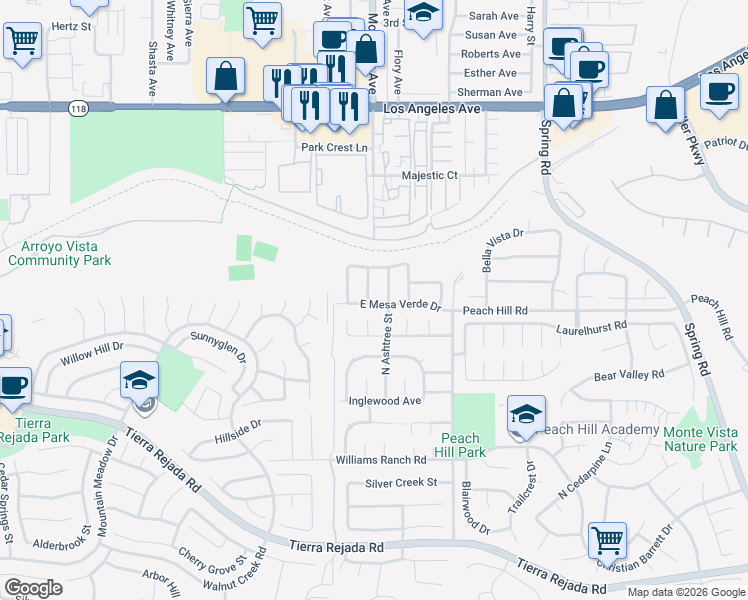 map of restaurants, bars, coffee shops, grocery stores, and more near 4506 North Canyonlands Road in Moorpark
