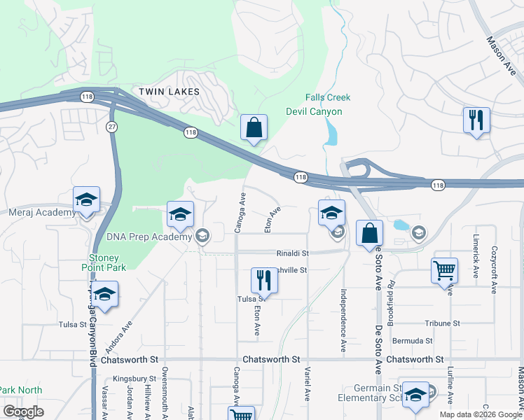 map of restaurants, bars, coffee shops, grocery stores, and more near 21311 Dove Place in Los Angeles