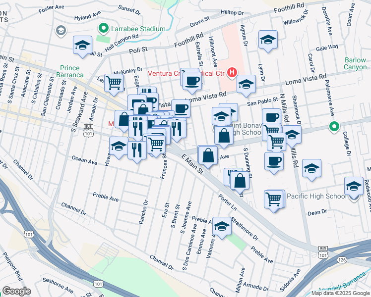 map of restaurants, bars, coffee shops, grocery stores, and more near 54 North Brent Street in Ventura
