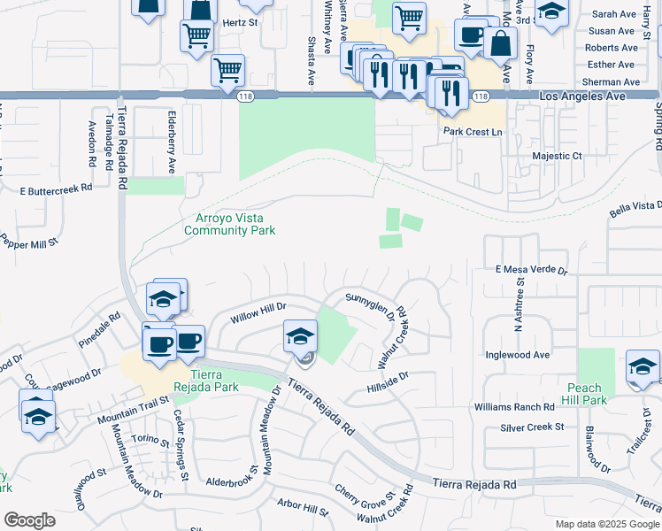 map of restaurants, bars, coffee shops, grocery stores, and more near 4490 Cedarglen Court in Moorpark