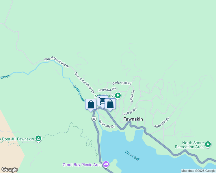 map of restaurants, bars, coffee shops, grocery stores, and more near 1257 Iroquois Lane in Fawnskin