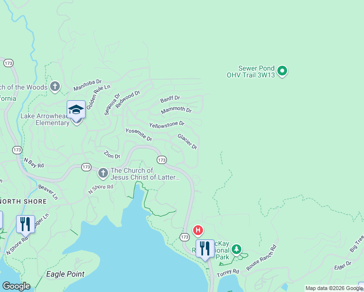 map of restaurants, bars, coffee shops, grocery stores, and more near 1228 Glacier Drive in Lake Arrowhead