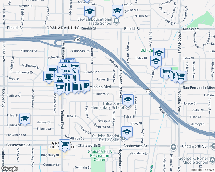 map of restaurants, bars, coffee shops, grocery stores, and more near 16655 San Fernando Mission Boulevard in Los Angeles