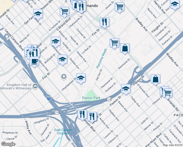 map of restaurants, bars, coffee shops, grocery stores, and more near 14030 Chamberlain Street in San Fernando