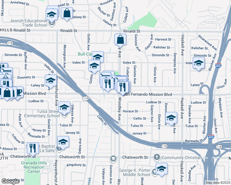 map of restaurants, bars, coffee shops, grocery stores, and more near 3101 Woodley Avenue in Los Angeles