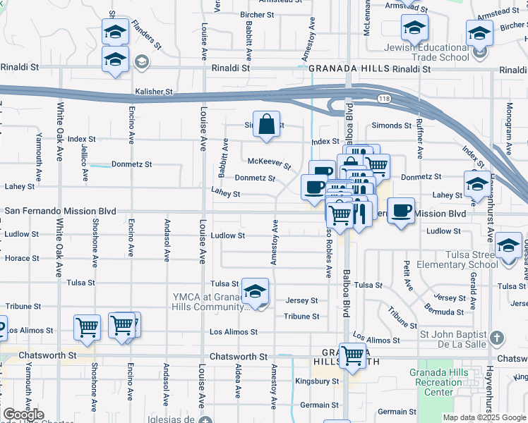 map of restaurants, bars, coffee shops, grocery stores, and more near 17162 San Fernando Mission Boulevard in Los Angeles