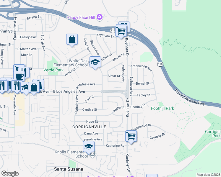 map of restaurants, bars, coffee shops, grocery stores, and more near 2017 Cheam Avenue in Simi Valley
