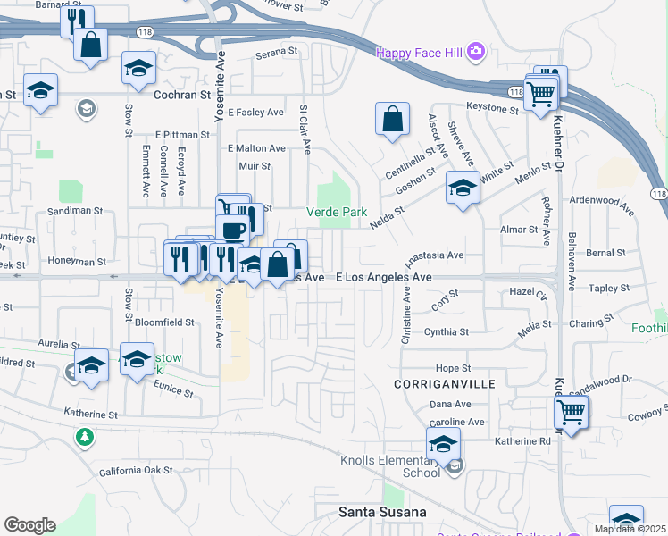 map of restaurants, bars, coffee shops, grocery stores, and more near 2006 Suede Avenue in Simi Valley