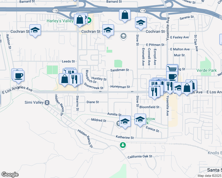 map of restaurants, bars, coffee shops, grocery stores, and more near 5442 Honeyman Street in Simi Valley