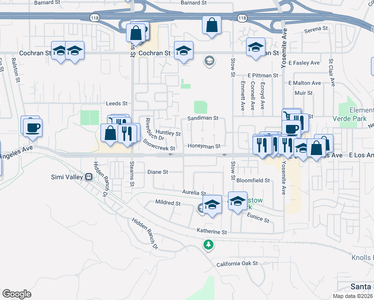 map of restaurants, bars, coffee shops, grocery stores, and more near 5442 Honeyman Street in Simi Valley