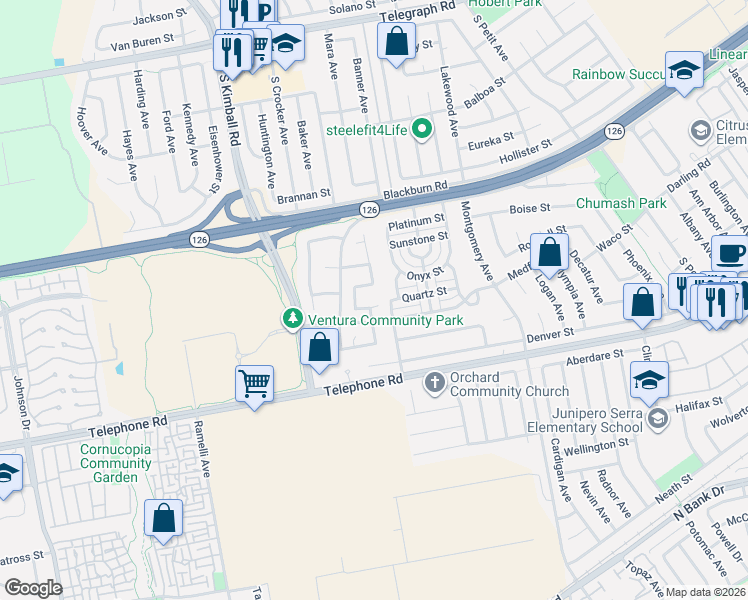 map of restaurants, bars, coffee shops, grocery stores, and more near 8095 Crystal Place in Ventura