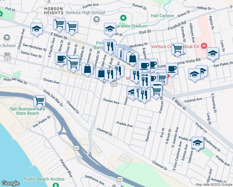 map of restaurants, bars, coffee shops, grocery stores, and more near 332 Arcade Drive in Ventura