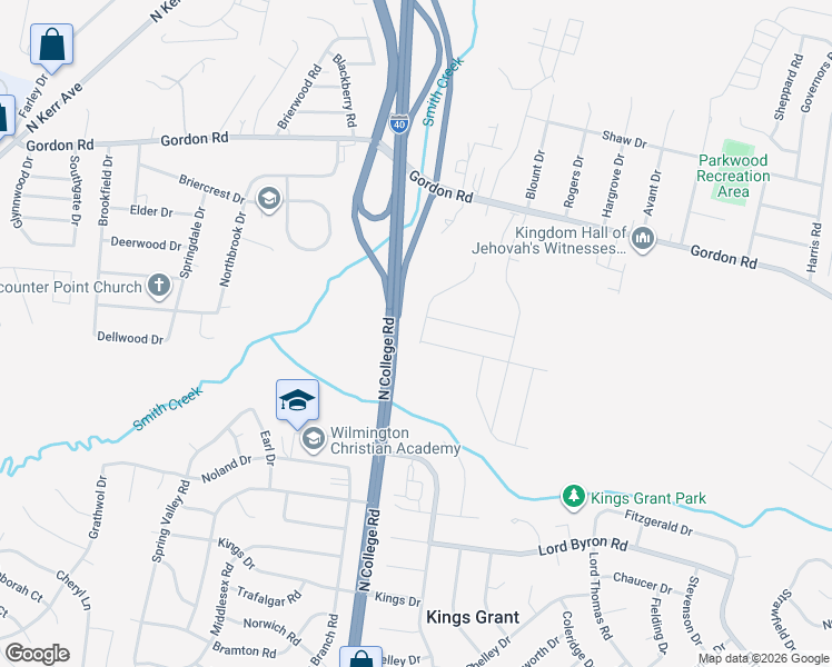 map of restaurants, bars, coffee shops, grocery stores, and more near 1514 North College Road in Wilmington