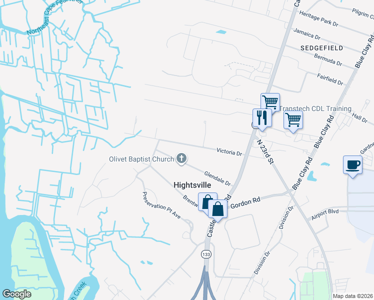 map of restaurants, bars, coffee shops, grocery stores, and more near 140 Victoria Drive in Wilmington