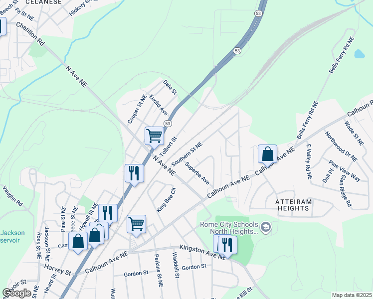 map of restaurants, bars, coffee shops, grocery stores, and more near 2103 Southern Street Northeast in Rome