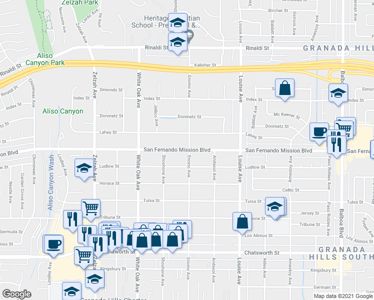 map of restaurants, bars, coffee shops, grocery stores, and more near 16830 San Fernando Mission Boulevard in Los Angeles