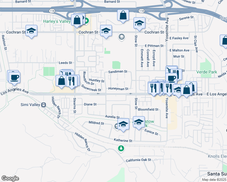 map of restaurants, bars, coffee shops, grocery stores, and more near 5442 Honeyman Street in Simi Valley