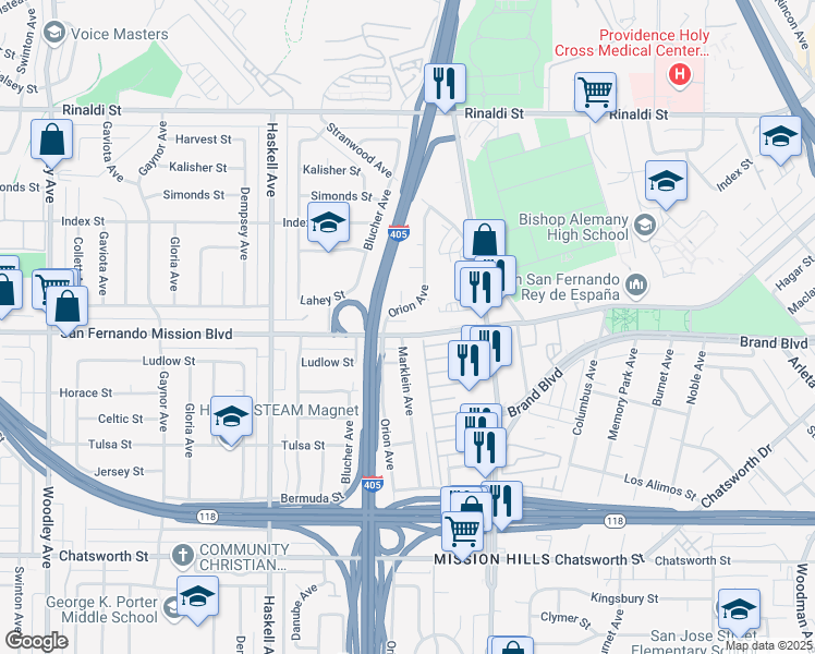 map of restaurants, bars, coffee shops, grocery stores, and more near 15515 San Fernando Mission Boulevard in Los Angeles