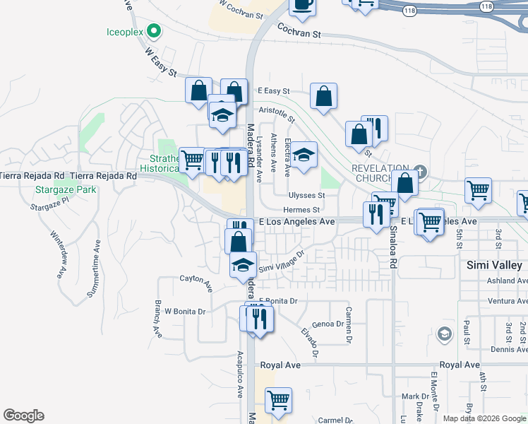 map of restaurants, bars, coffee shops, grocery stores, and more near 126 Hermes Street in Simi Valley