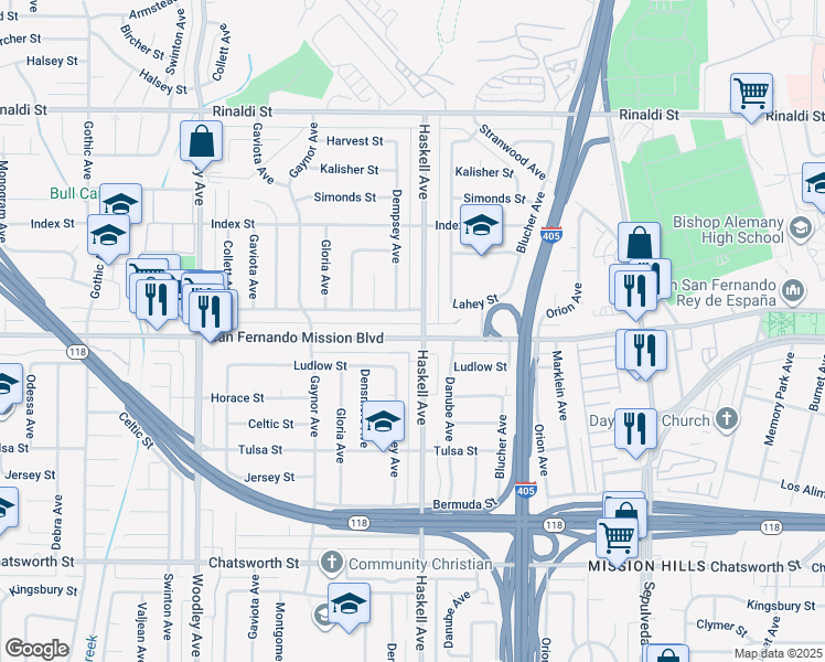 map of restaurants, bars, coffee shops, grocery stores, and more near 15809 San Fernando Mission Boulevard in Los Angeles