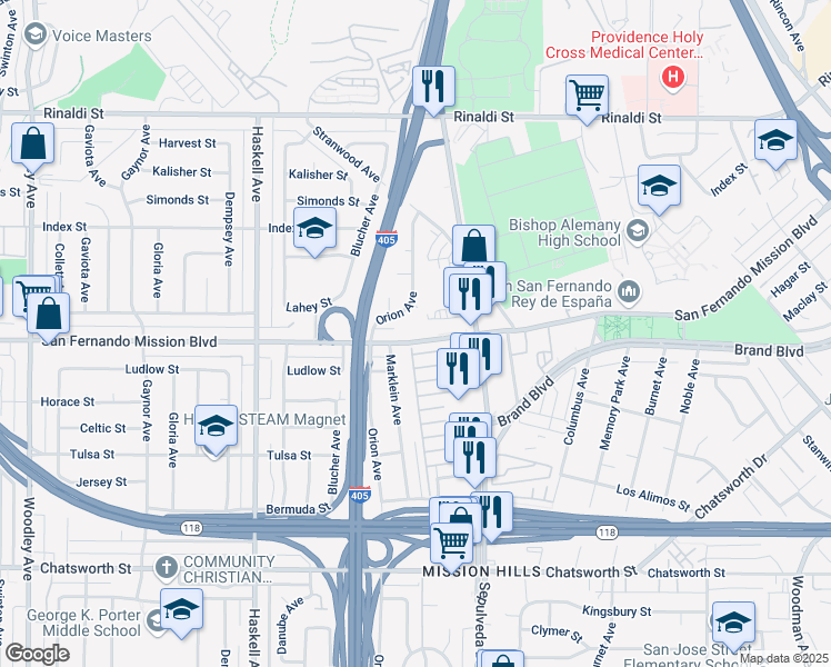 map of restaurants, bars, coffee shops, grocery stores, and more near 15515 San Fernando Mission Boulevard in Los Angeles