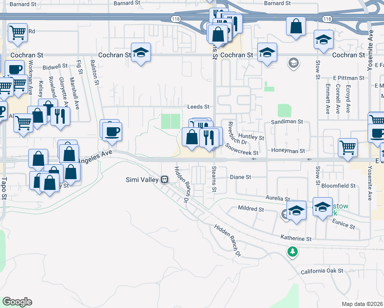map of restaurants, bars, coffee shops, grocery stores, and more near 5105 East Los Angeles Avenue in Simi Valley