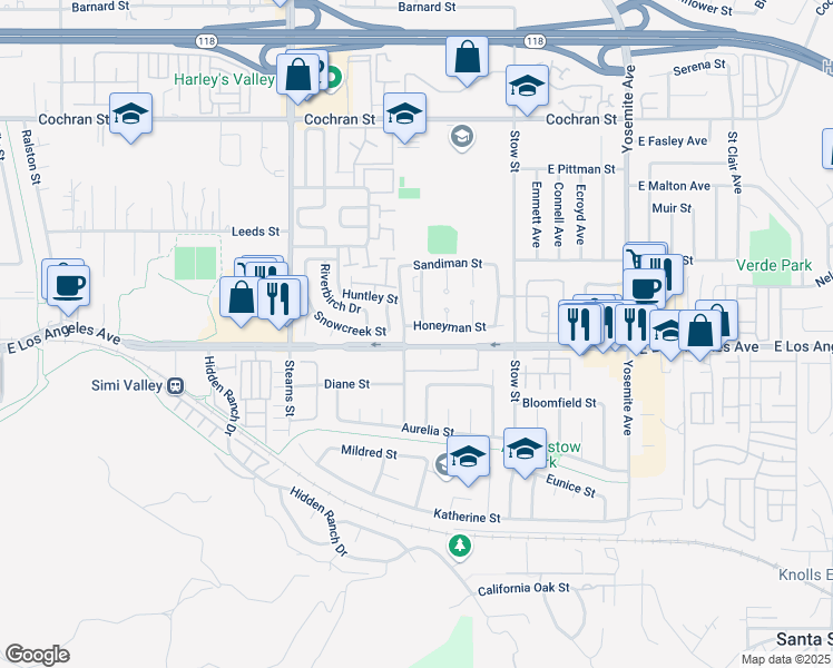 map of restaurants, bars, coffee shops, grocery stores, and more near 5442 Honeyman Street in Simi Valley