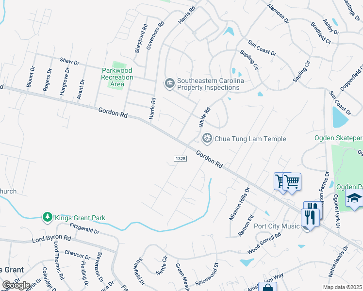map of restaurants, bars, coffee shops, grocery stores, and more near 6110 Gordon Road in Wilmington