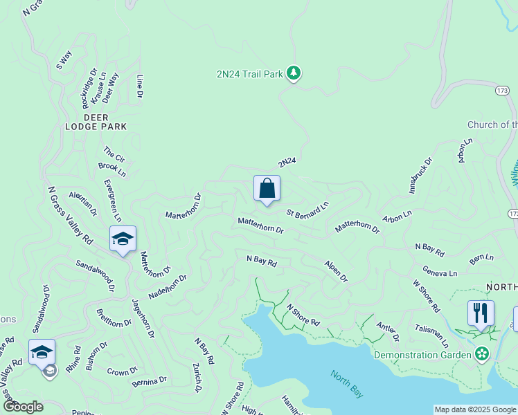 map of restaurants, bars, coffee shops, grocery stores, and more near 27638 Saint Bernard Lane in Lake Arrowhead