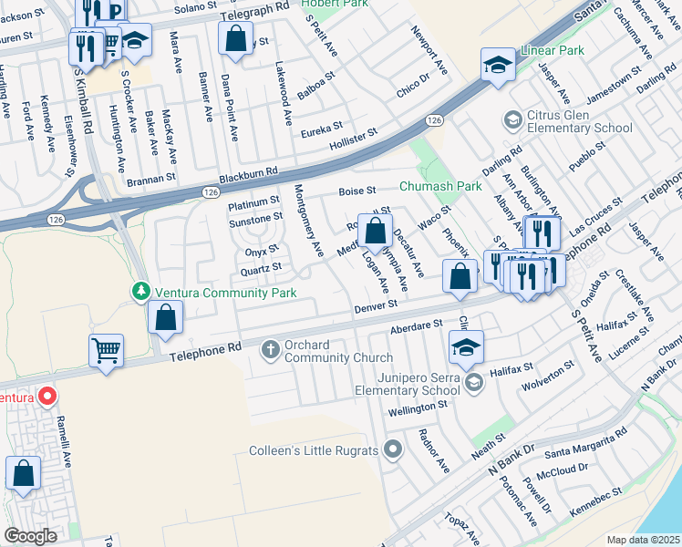 map of restaurants, bars, coffee shops, grocery stores, and more near 881 Medford Place in Ventura