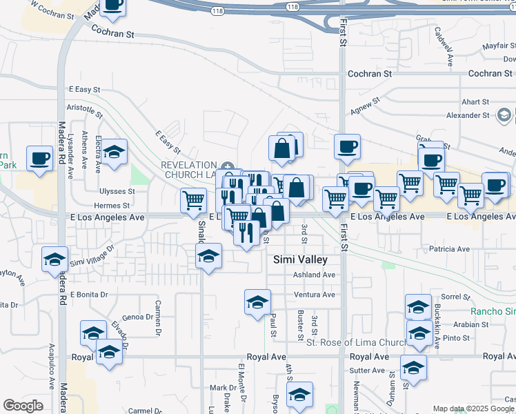 map of restaurants, bars, coffee shops, grocery stores, and more near 783 East Los Angeles Avenue in Simi Valley